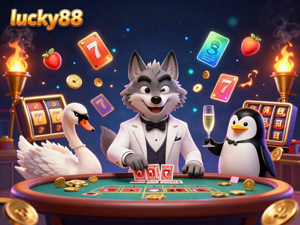 Engage in thrilling gameplay at lucky88, featuring lively casino characters in an illustrative scene.