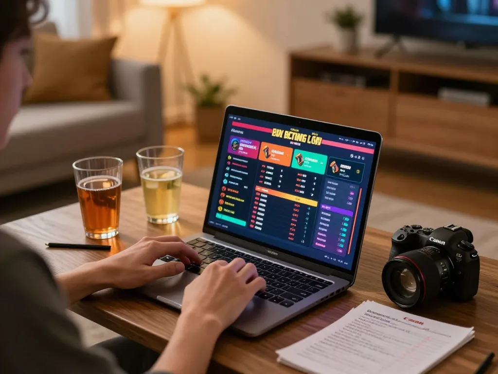 Engaged user betting on mm88 reisen online from a cozy gaming setup with laptop and drinks.