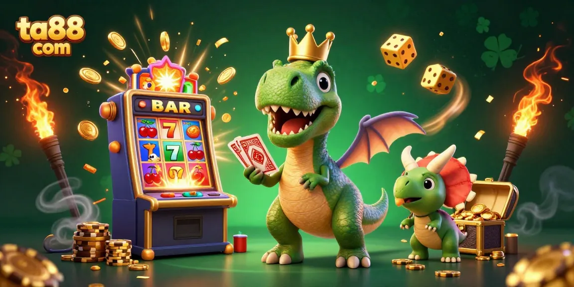 Experience thrilling wins at ta88 com with friendly cartoon characters celebrating around a jackpot explosion in a vibrant casino