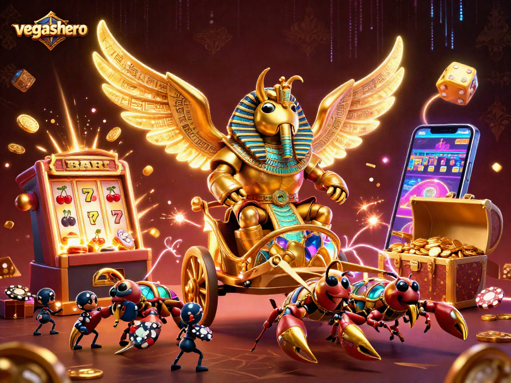 Engage with vegashero in this vibrant casino scene featuring a colossal scarab and jackpot elements.