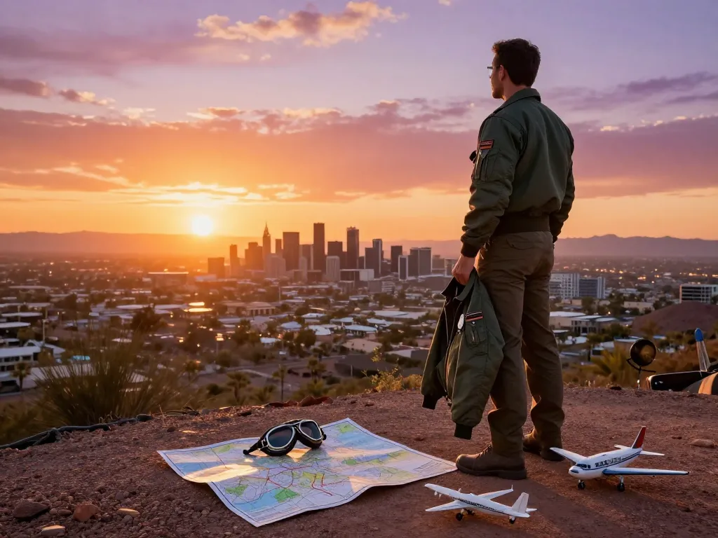 Pilot inspired by Fly88 observing sunset over Phoenix skyline with aviation gear.