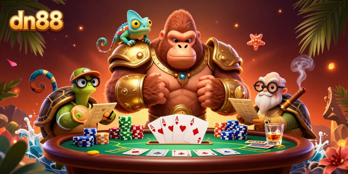 Experience the excitement of dn88 with a vibrant 3D casino scene featuring unique characters.