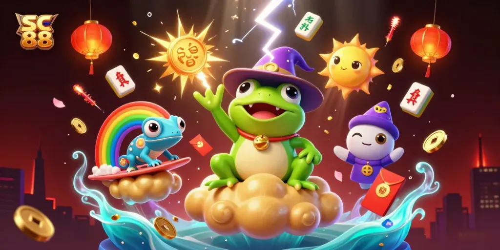 Experience exciting gaming at SC 88 with a dazzling illustration of golden coins swirling around magical characters!