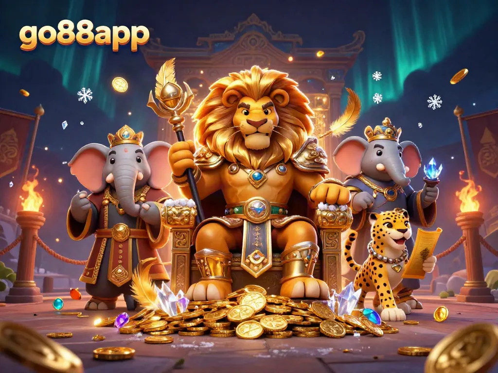 Experience the action and rewards of go88app in a vibrant online casino scene featuring a lion king and his advisors.