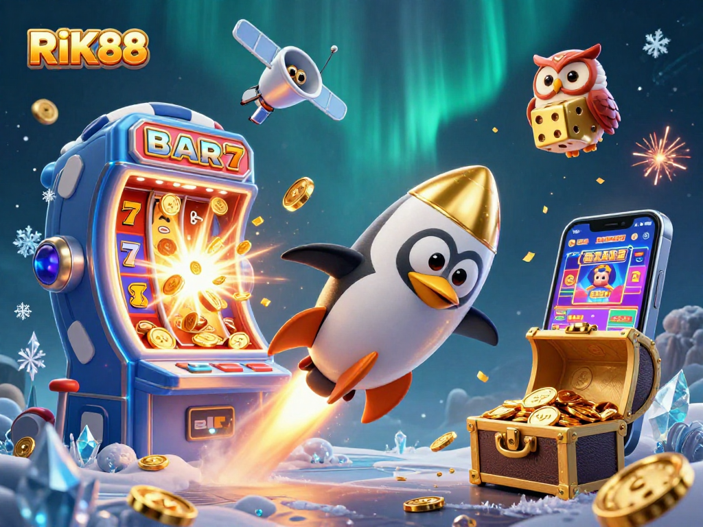 RIK88's golden penguin racing towards a vibrant casino space station with a jackpot explosion.