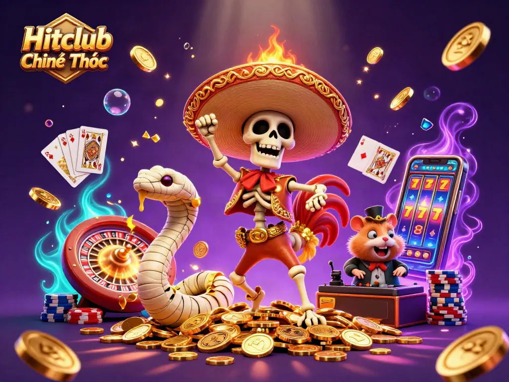 Experience thrilling games at Hitclub Chính Thức with golden coins and lively characters in a vibrant casino scene.