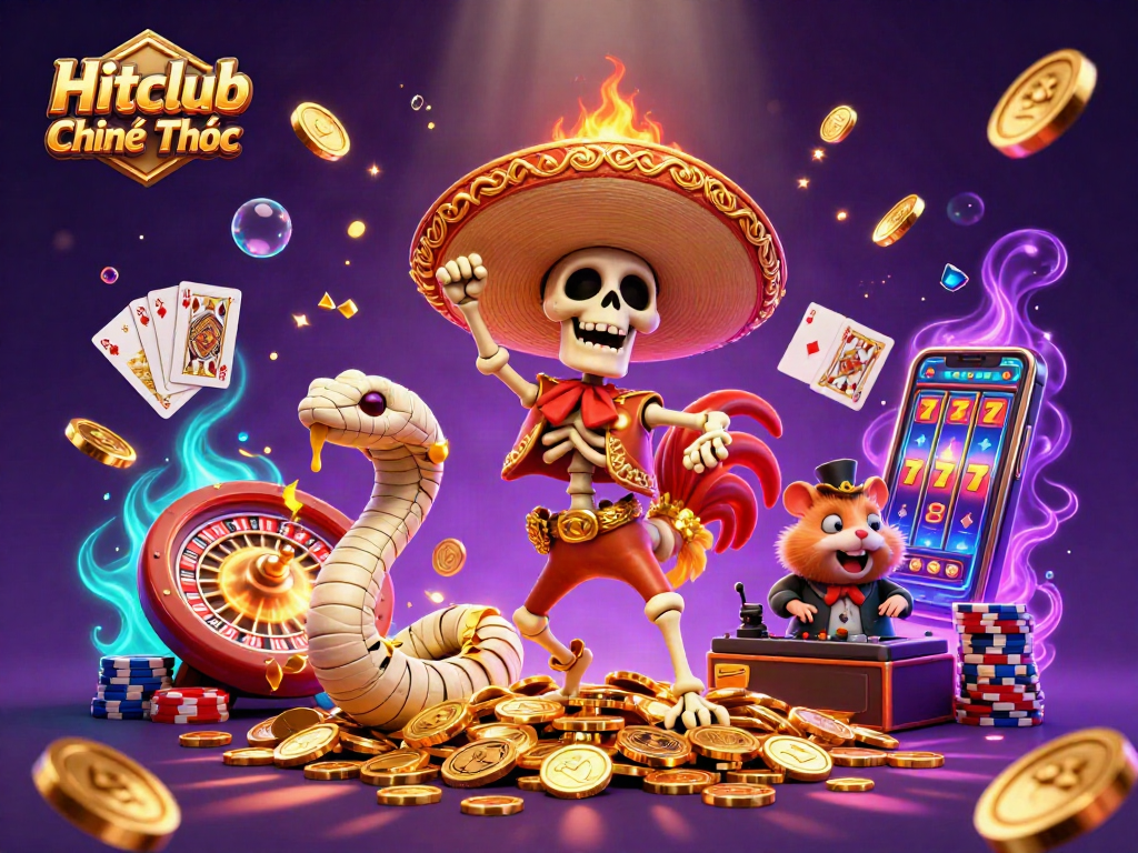 Experience thrilling games at Hitclub Chính Thức with golden coins and lively characters in a vibrant casino scene.