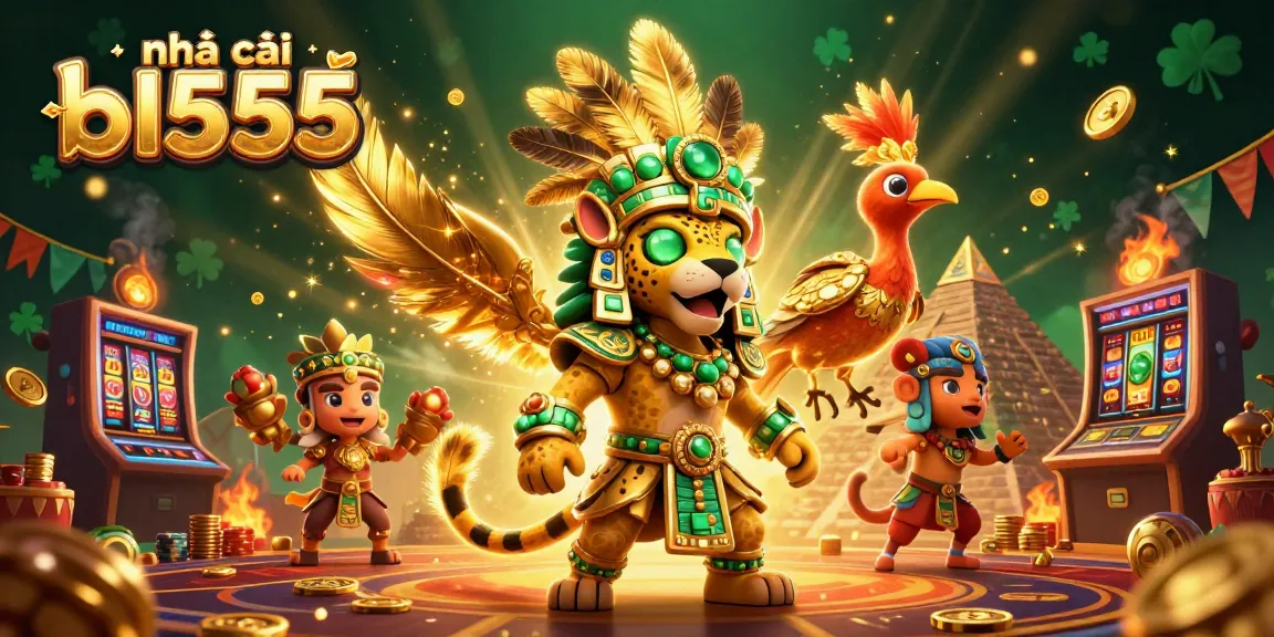 Experience the vibrant casino world of nhà cái bl555 with a Mayan priest and golden quetzal, surrounded by thrilling games.