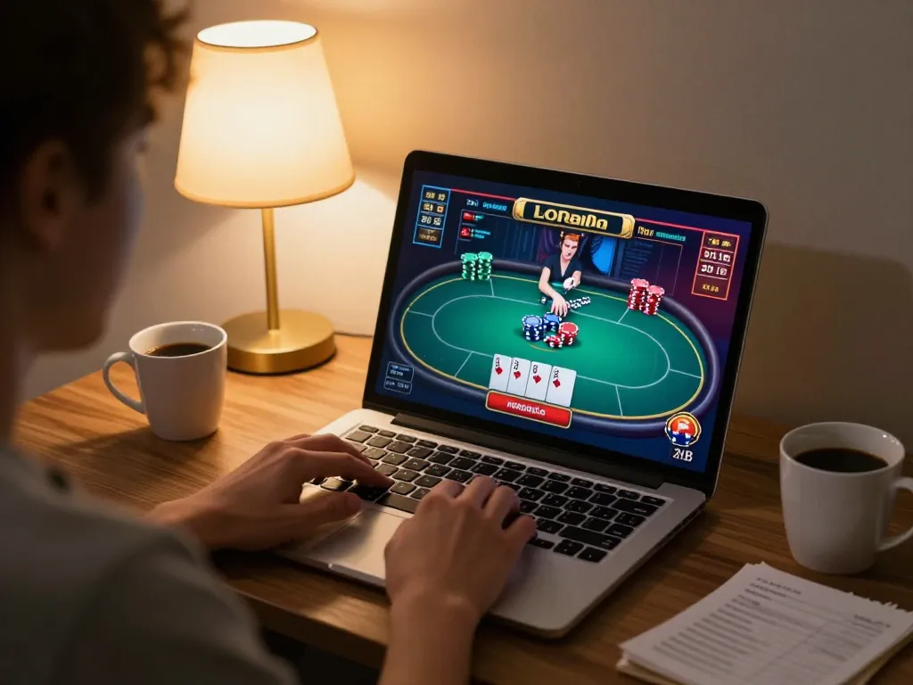 Engaging online gaming session at home with 98win9 poker on the laptop and strategic notes.