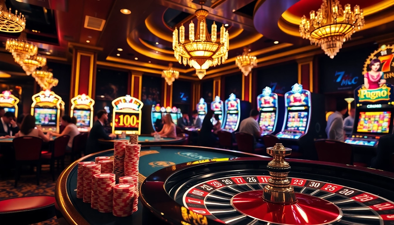 Gambling scene highlighting 7mcn with poker tables, chips, and a spinning roulette wheel.