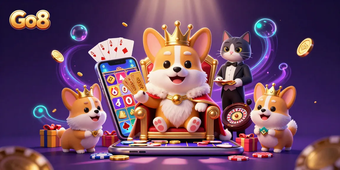 Engage with Go8's thrilling gaming world featuring a corgi king and vibrant slots!