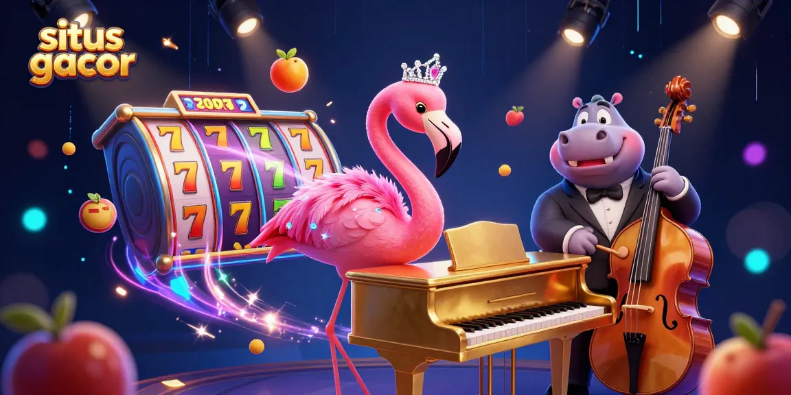 Slot gacor dengan penyanyi flamingo dan pemain bass hippo di kasino, menciptakan suasana meriah.
