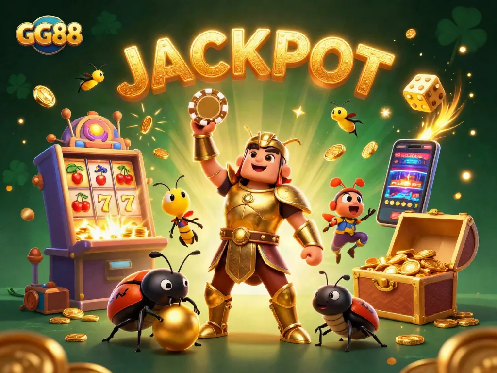 Engage with GG88's thrilling jackpot potential, featuring vibrant casino elements and cartoon characters in action.