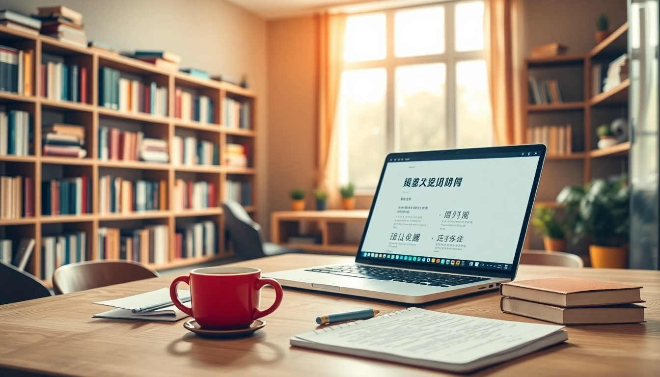 Modern study room with 有道 translation software on laptop, promoting an innovative learning environment.
