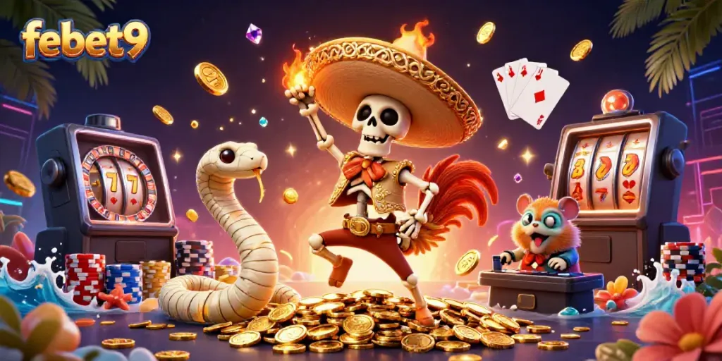 Experience the excitement at febet9 with colorful casino characters celebrating amidst golden coins and vibrant game elements.