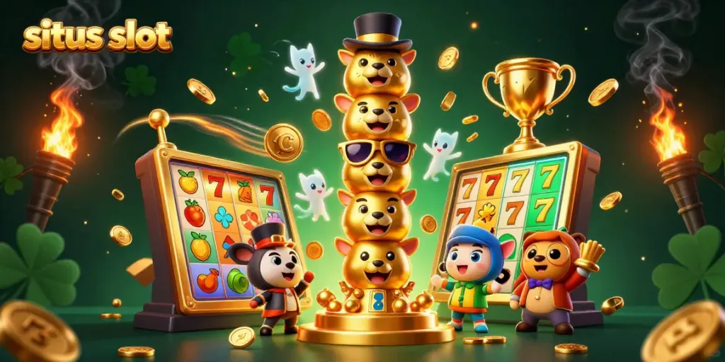 Experience the excitement of situs slot with a vibrant 3D cartoon illustration of a golden totem pole surrounded by slot elements and jackpot symbols.