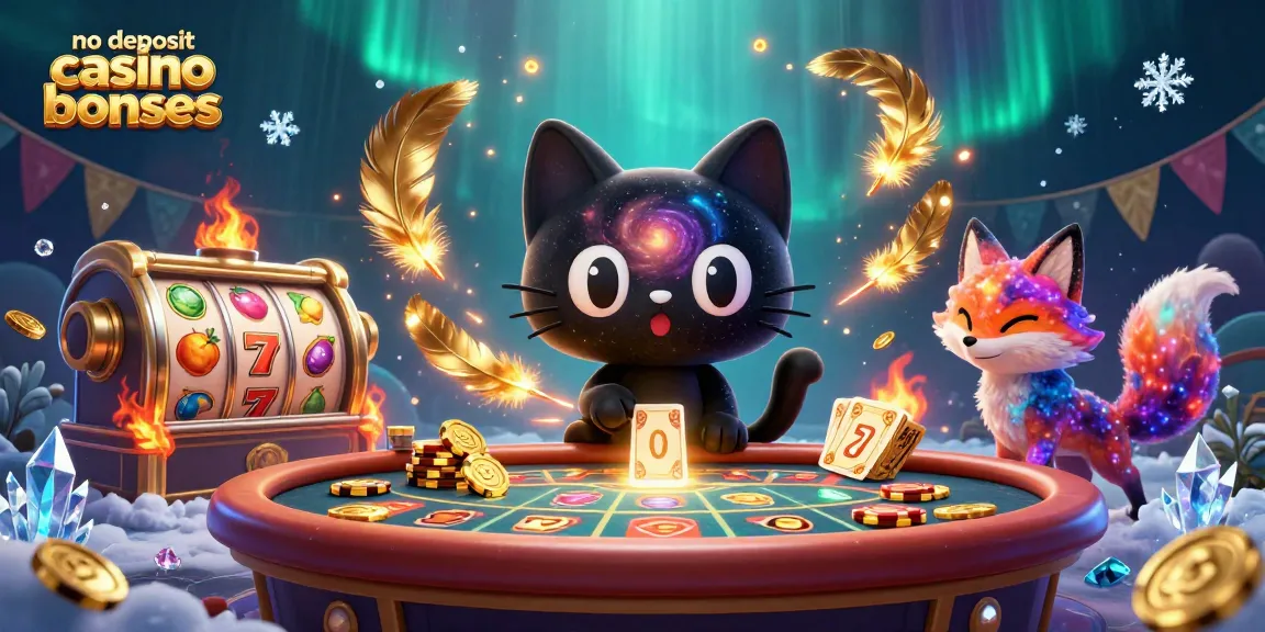 No deposit casino bonuses illustration featuring a cosmic casino table with vibrant characters, gold chips, and slot reels.