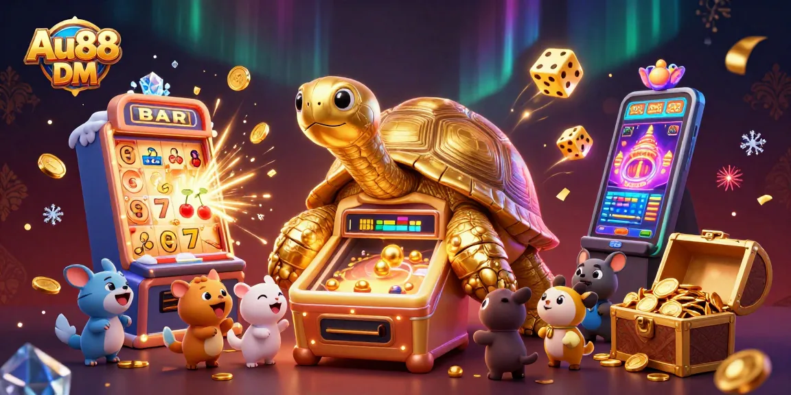 Spin and win big at Au88 DM, featuring vibrant casino elements and a golden tortoise mascot!