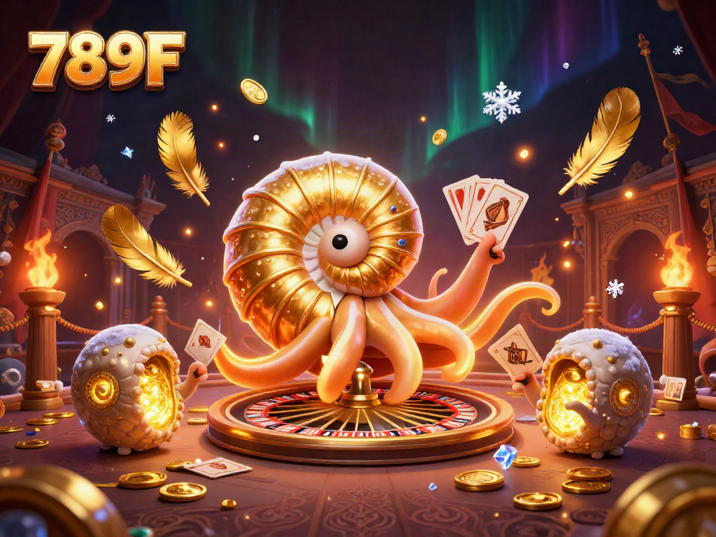 Experience 789F's vibrant casino world with a golden nautilus roulette wheel, glowing ammonites, and rich game elements.
