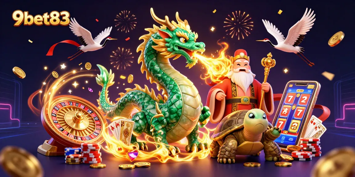Experience thrilling gaming moments with 9bet83, featuring a vibrant scene of winning dragons and lucky symbols.