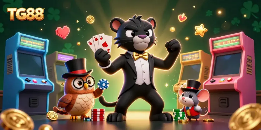 Experience exciting plays at TG88's vibrant casino, featuring a stylish panther dealer and playful characters.