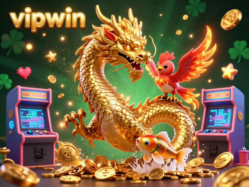 Experience winning gameplay with vipwin's dynamic casino and gaming illustration featuring dragons and coins.