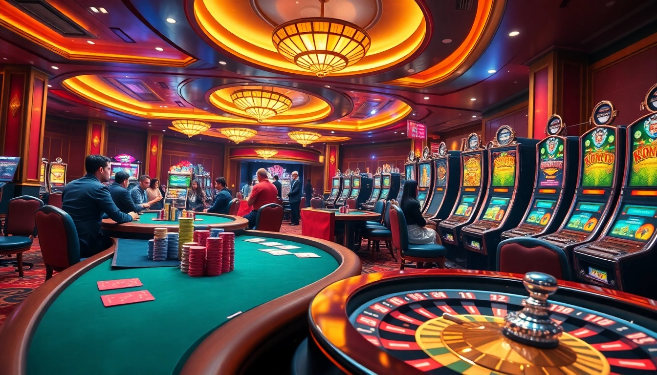 Exciting casino atmosphere showcasing gambling action in 13win's vibrant setting with poker and roulette.