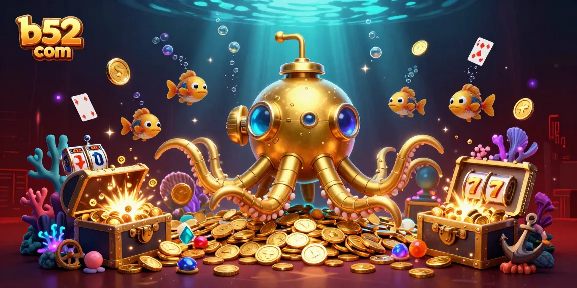 Experience thrilling action with b52 com's golden kraken submarine game illustration amidst slot reels and treasure.