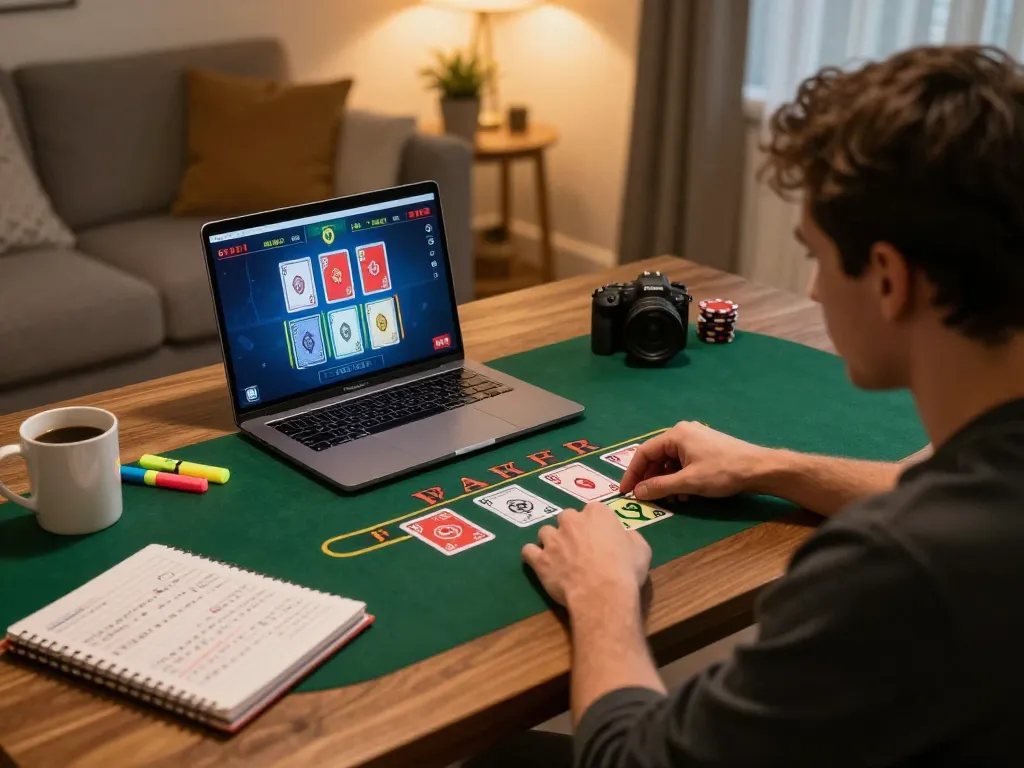 Player enjoying TIP88 online blackjack with strategic notes, featuring vibrant gameplay atmosphere