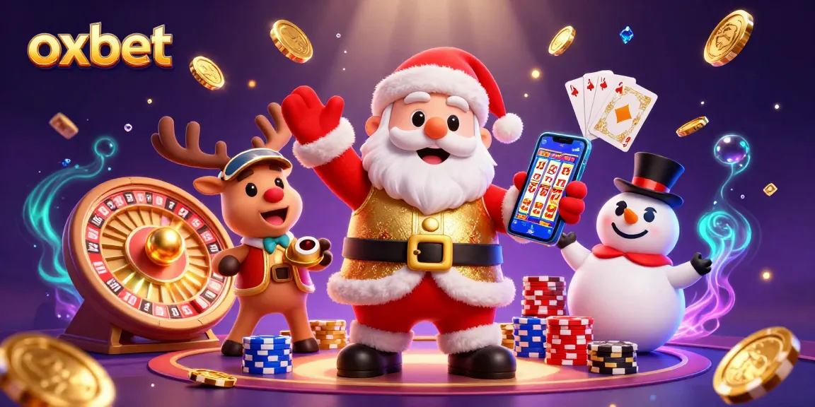 Enjoy thrilling games at OXBET with Santa holding jackpot slots and festive characters.