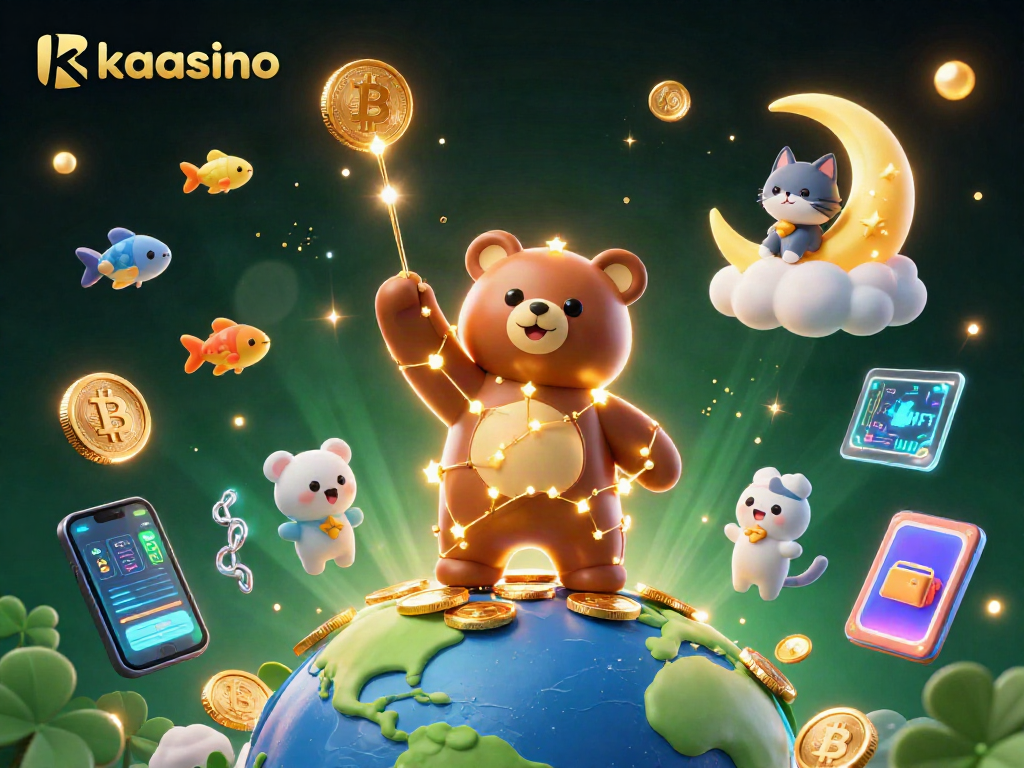Experience thrilling gaming at kaasino with a celestial bear collecting coins while illuminated by flashy NFTs.