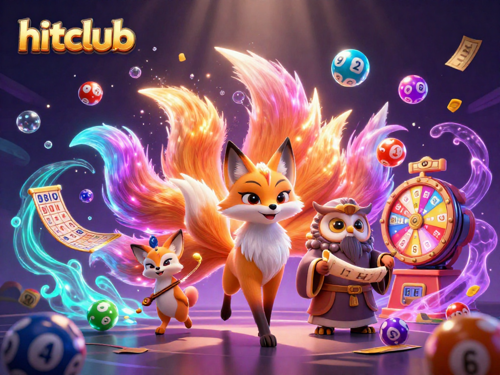 Experience the thrill of hitclub with colorful lottery balls and a magical fox spirit in this vibrant scene.