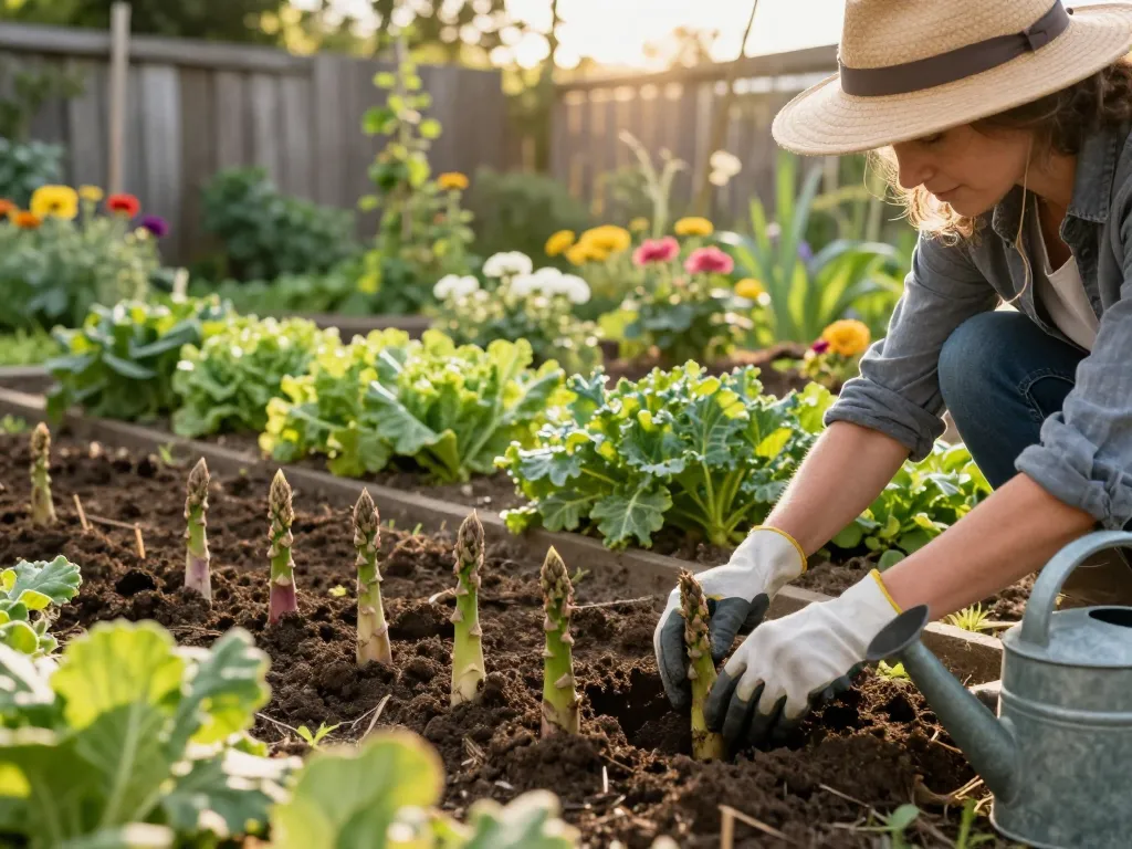 Aspergeklauwen kopen - Gardener planting fresh asparagus crowns in vibrant vegetable garden.