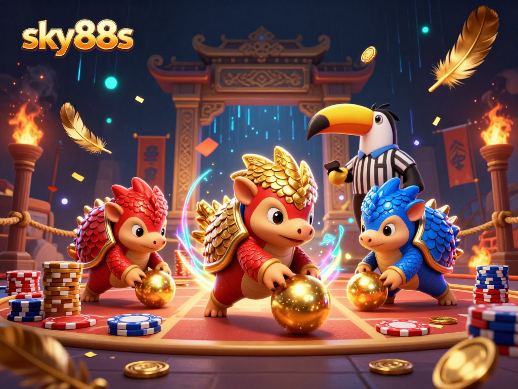 sky88s showcases exciting pangolin mascots in a vibrant casino scene with poker chips and confetti.