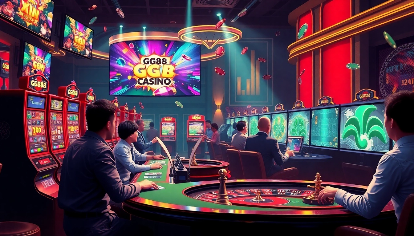 Players win on colorful slot machines and casino tables at gg88, showcasing thrilling casino excitement.