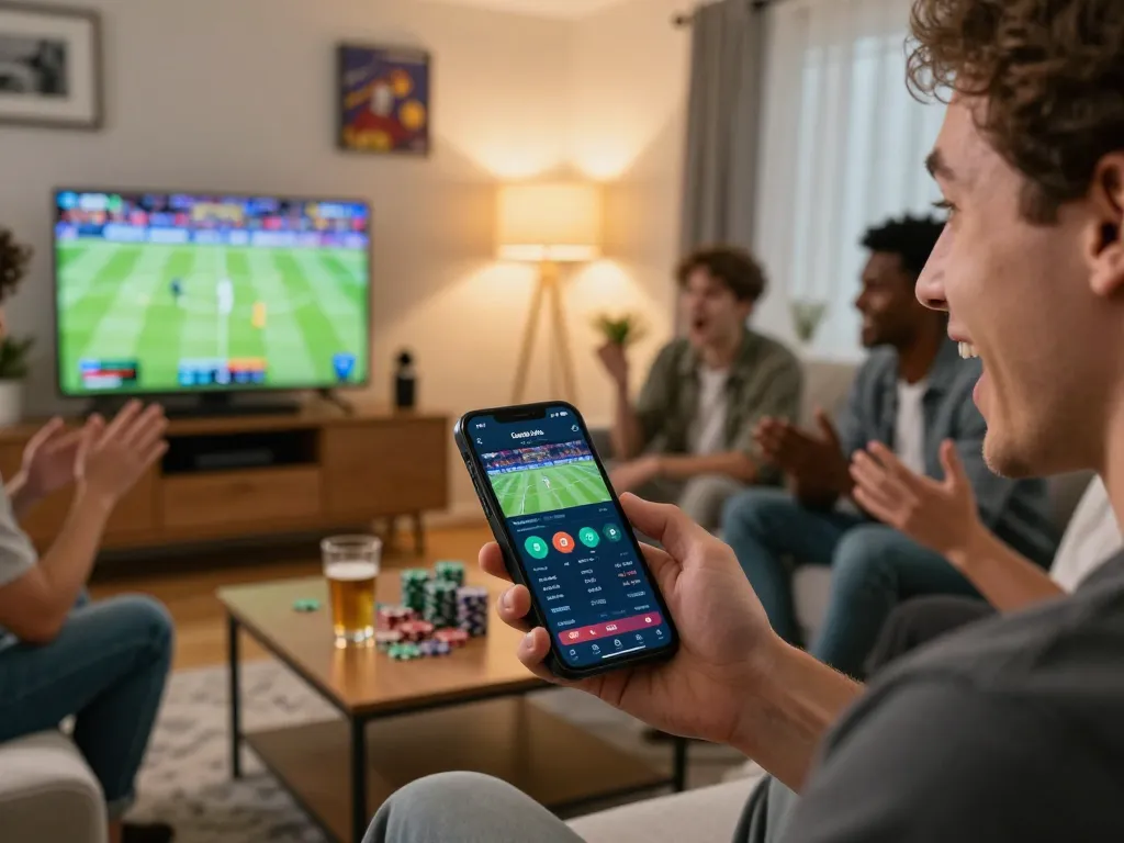 Person engaged in sports betting on mobile app while watching the game, showcasing excitement with Red88 atmosphere.