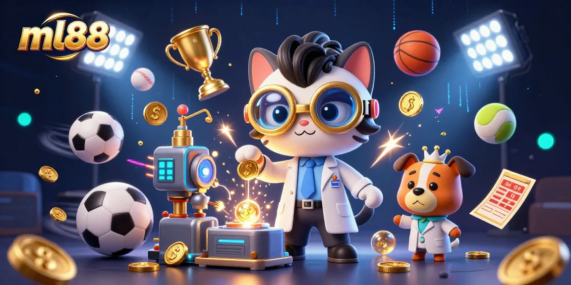 Engage with ml88's vibrant casino-themed illustration featuring mad scientist cat and loyal assistant amidst dynamic sports elements.