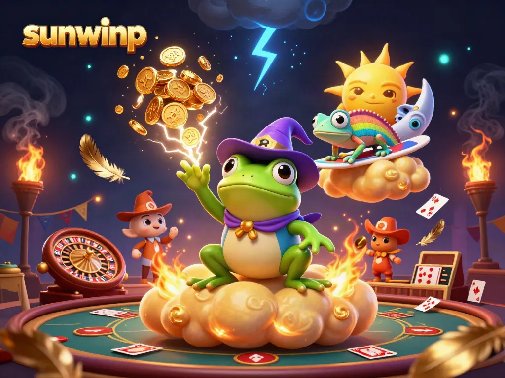 Experience the vibrant sunwinp casino scene with golden coins, a wizard frog, and a chameleon!