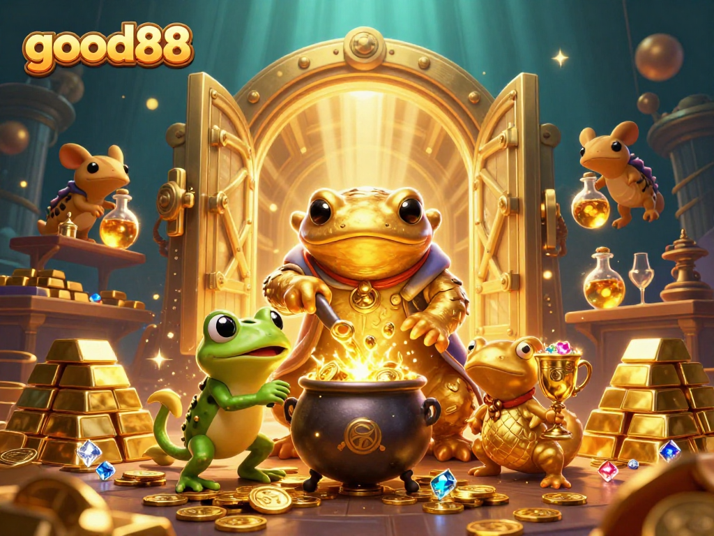 Engage with the gamified world of good88, where alchemy and jackpots meet in a vibrant 3D scene.