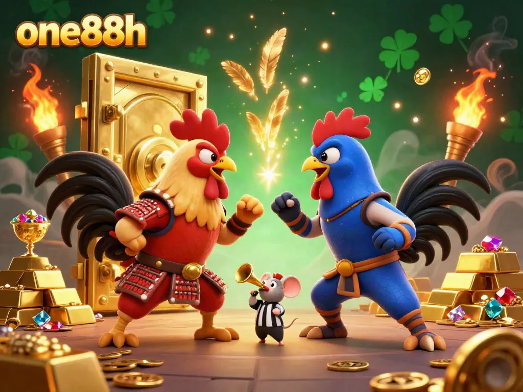 Experience thrilling cockfights at one88h with animated roosters, treasure, and excitement.