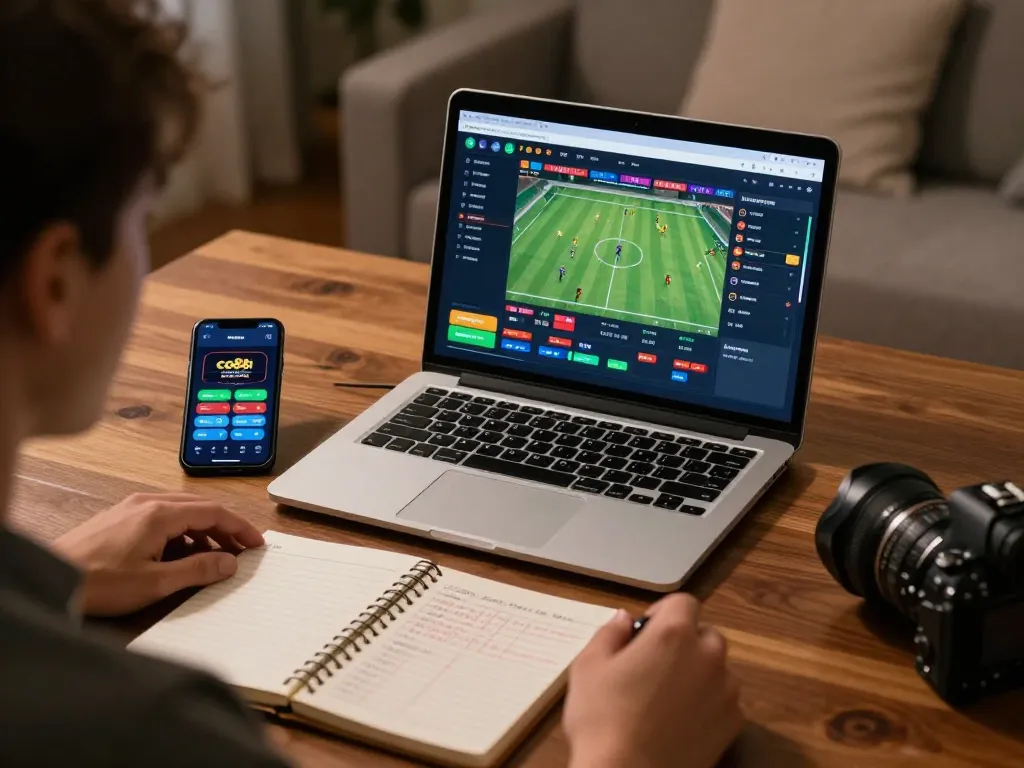 Player using co88i sports betting app on laptop to manage winnings in a cozy home office.
