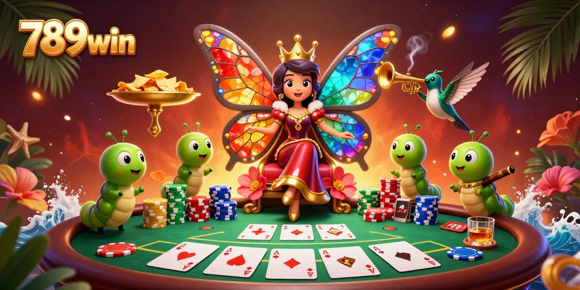 Experience the vibrant energy of 789win with a butterfly queen surrounded by poker and gaming elements.