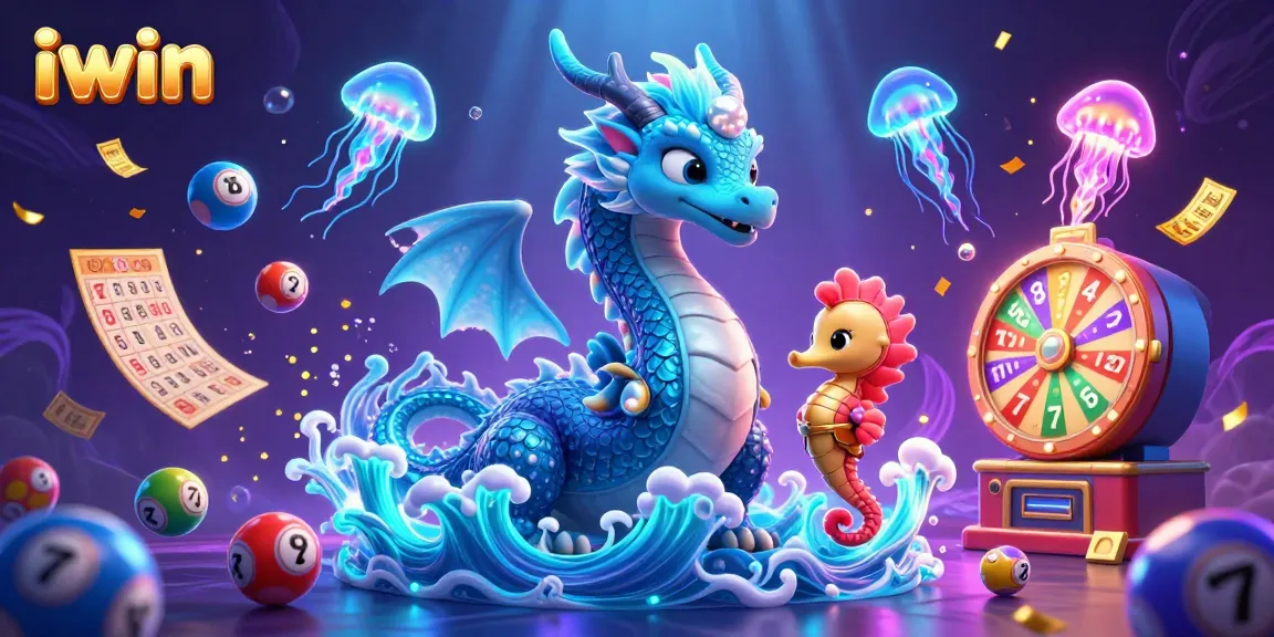 Join the excitement with iwin's vibrant lottery scene featuring a dragon and seahorse knight.