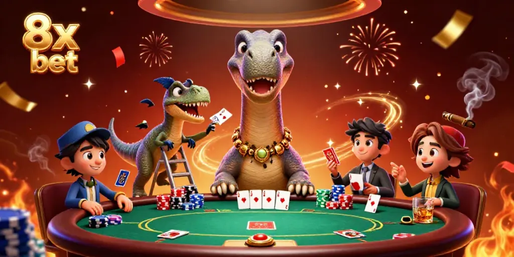 Experience the excitement of 8x bet at a lively casino table with playful dinosaur characters.