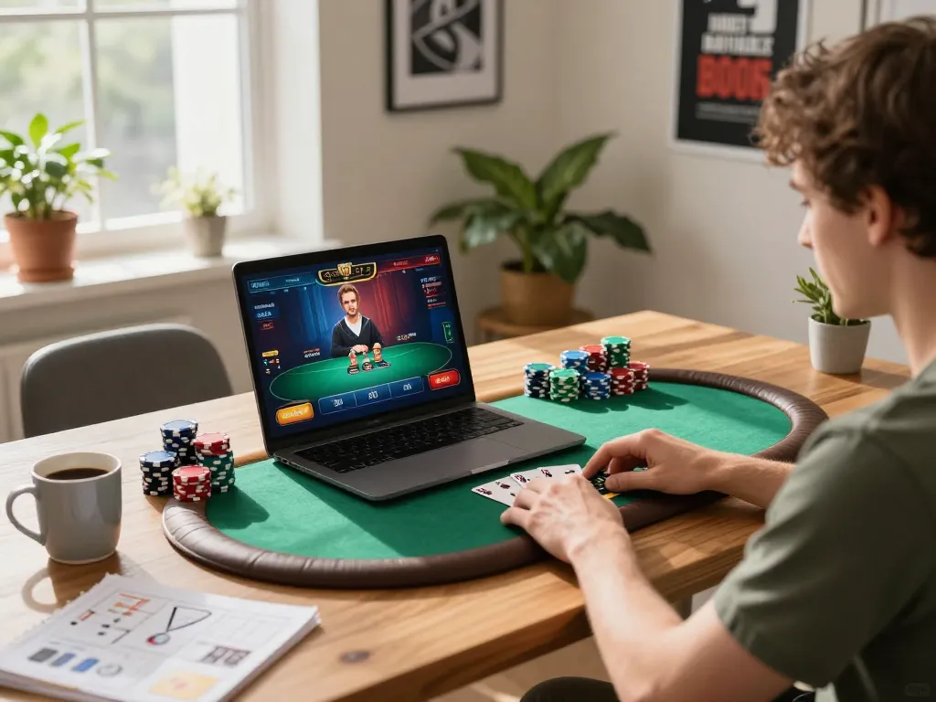 Engaged player enjoying the excitement of Red88 uy tín online poker, demonstrating a cozy gambling environment.