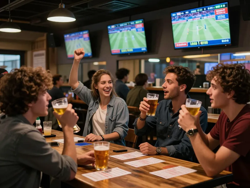 Witness the action of sports betting with ty le keo nha cai displayed on multiple screens in an energetic sports bar.