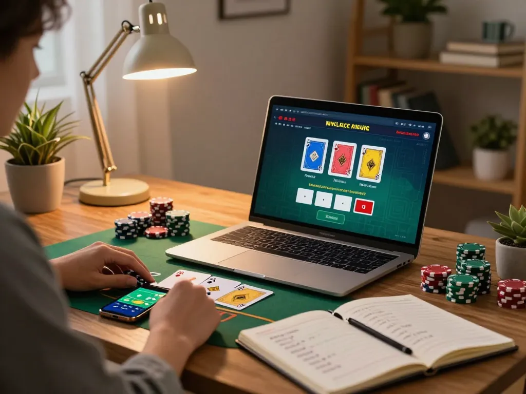 o8 player enjoying live dealer blackjack on laptop with gaming strategies in cozy home