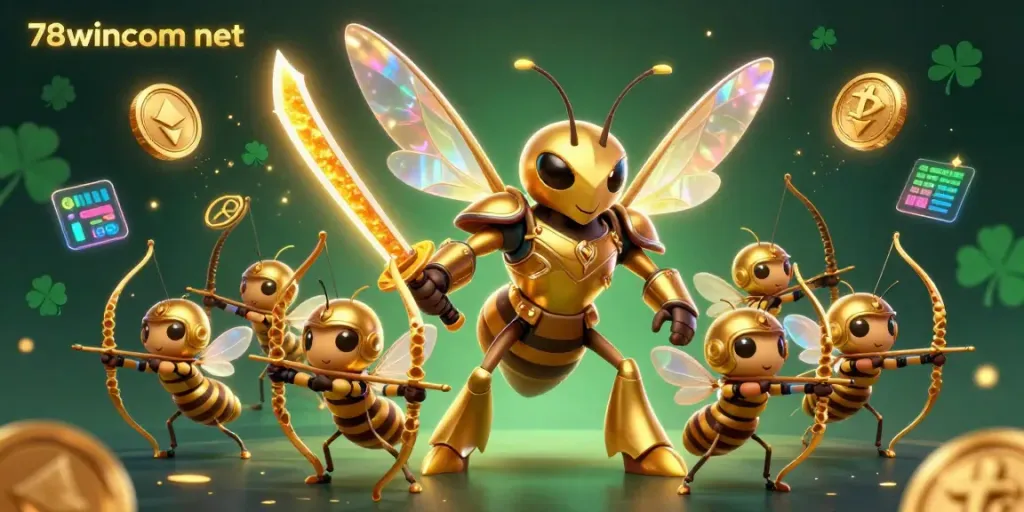 Join the action at 78wincom net with vibrant gaming characters and crypto elements in this dynamic casino scene.