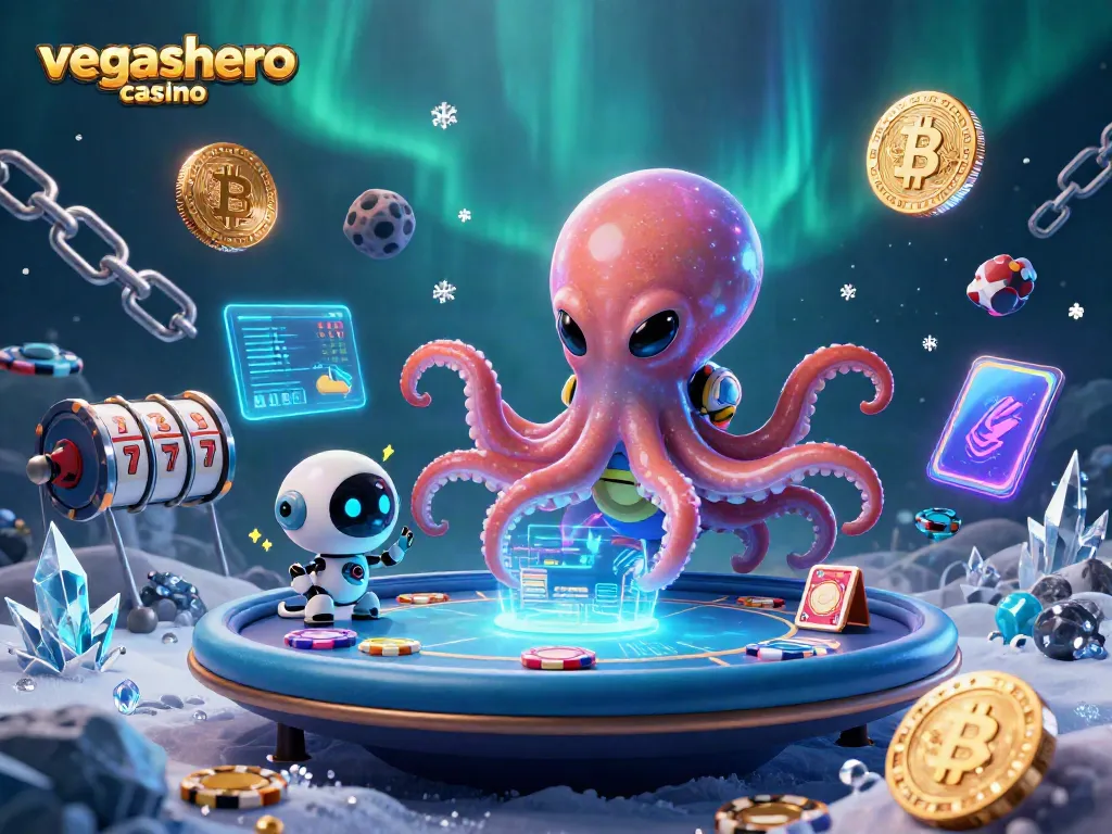 Experience the thrill at vegashero casino with an alien octopus mastering poker amidst cosmic elements.