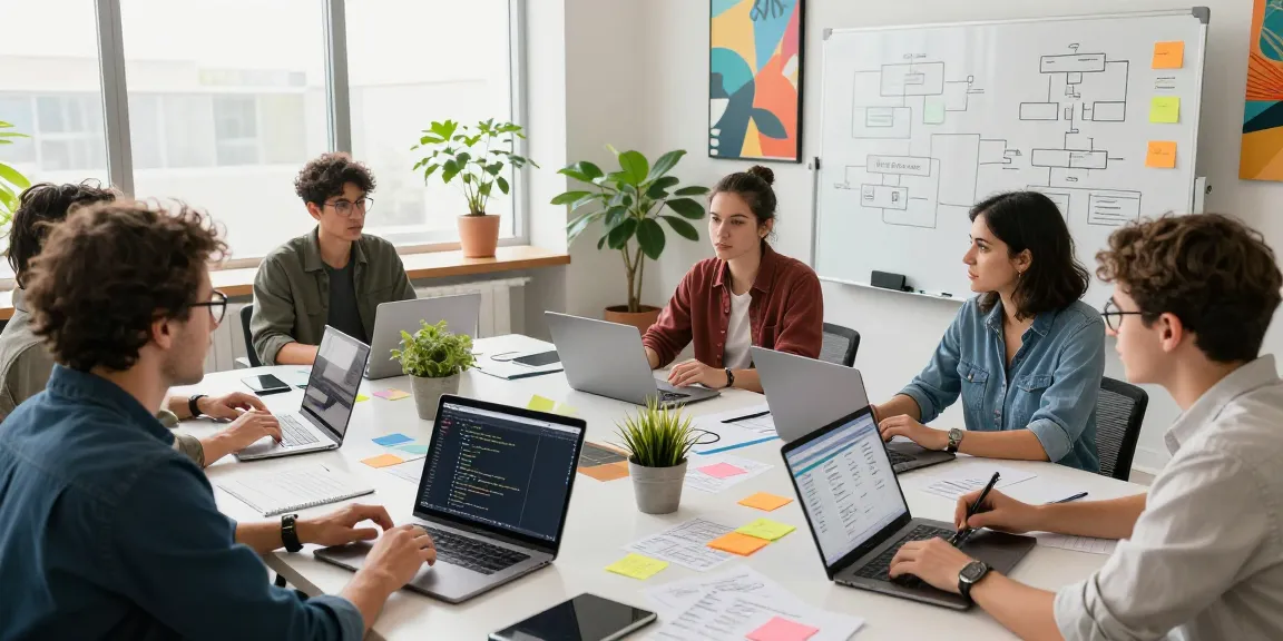 Build internal tools with AI in a collaborative tech workspace, showcasing vibrant brainstorming and coding activities.